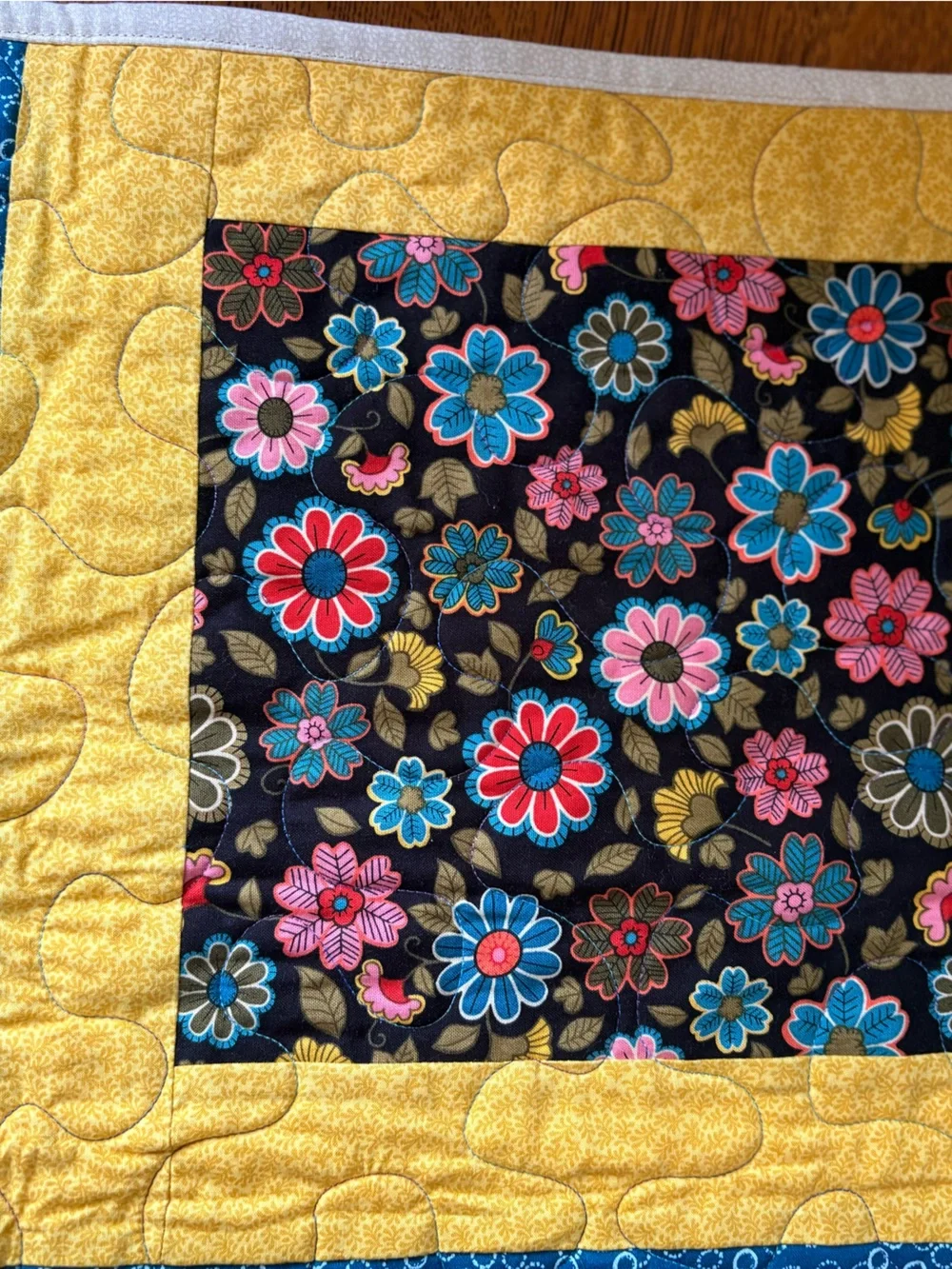 Handmade Floral Patchwork Quilt Blue Yellow Home Bedding Cottagecore Shabby Chic